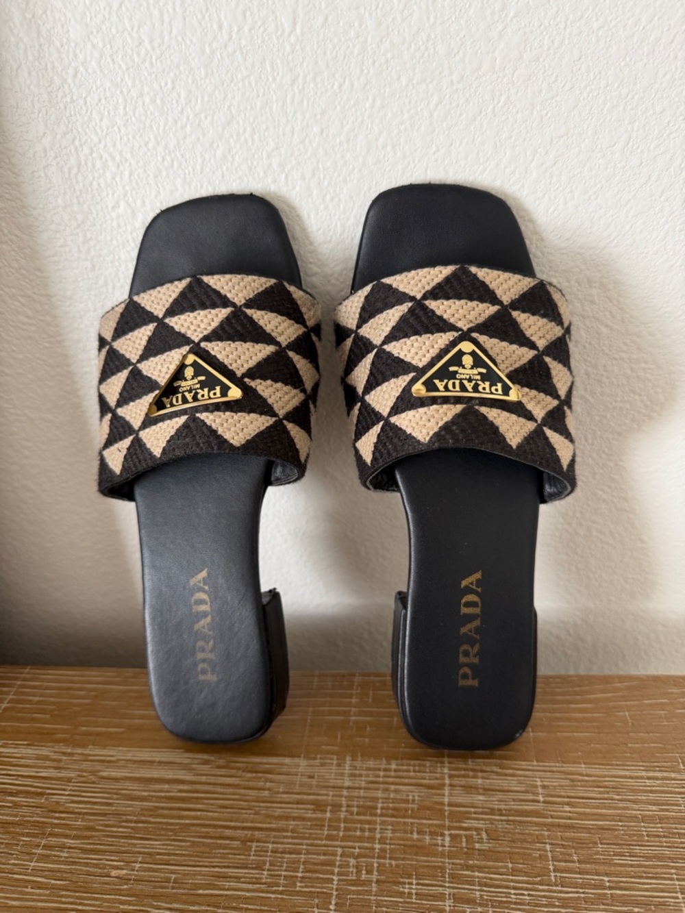 Prada Black & Beige Geometric Slide Sandals with Gold Logo